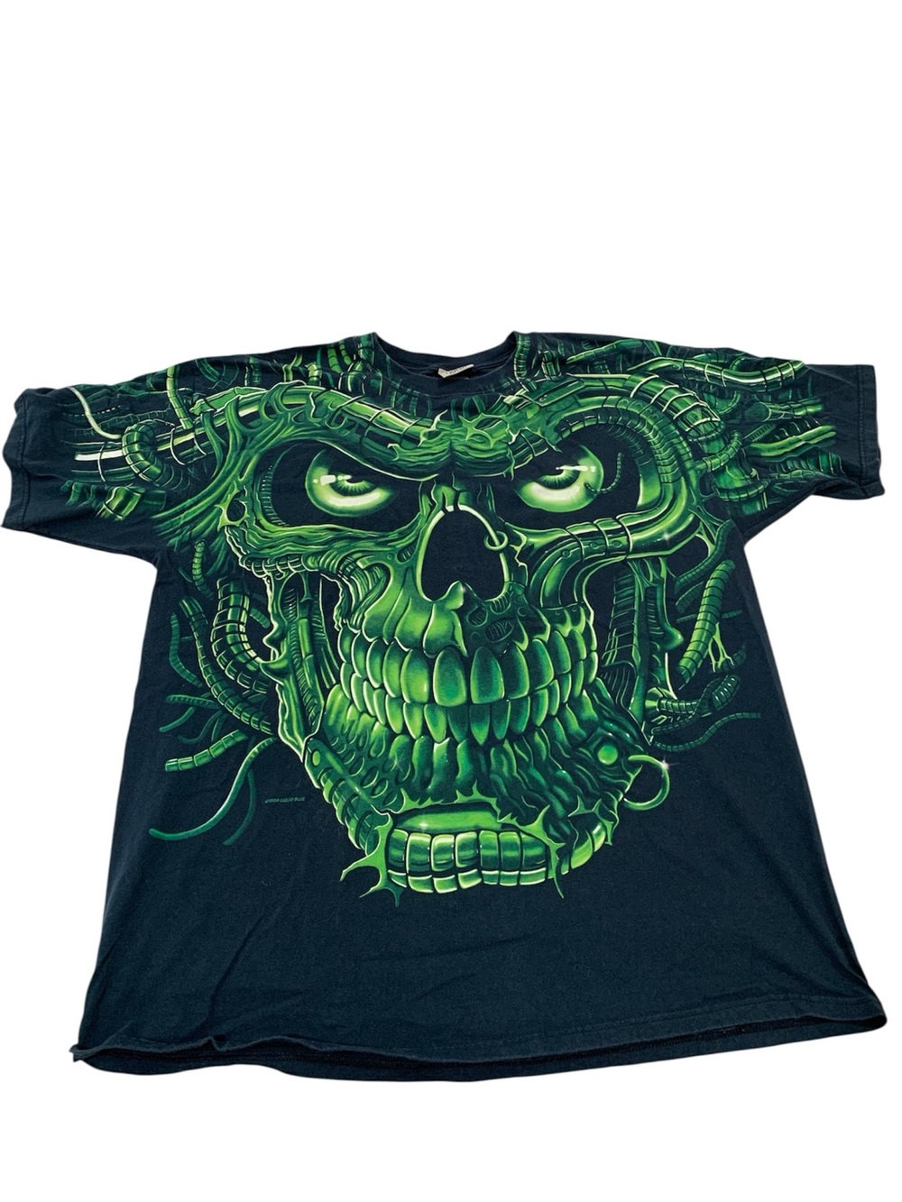 vintage 1998 Liquid Blue "Terminator" skull AOP green cyborg SIZE 2X